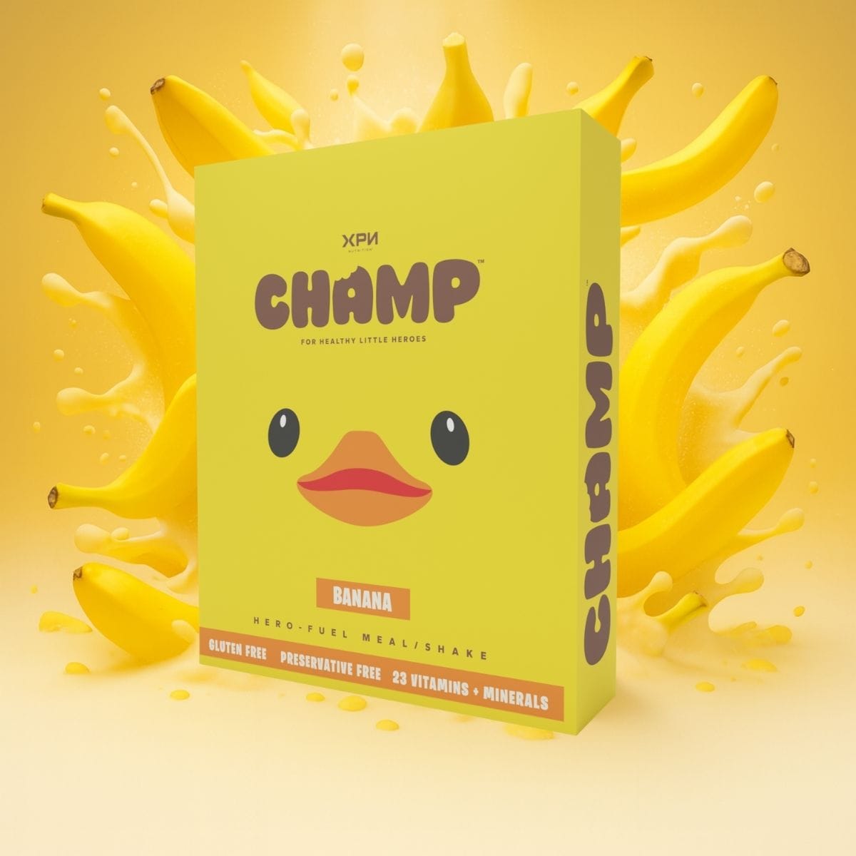 XPN Nutrition CHAMP kids cereal and meal replacement shakes in a 2.7kg box, featuring colorful packaging and product branding.